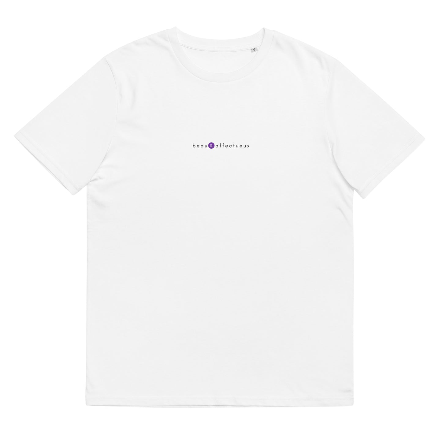 t-shirt blanc écoresponsable, logo violet, beau et affectueux de la marque belle et beau