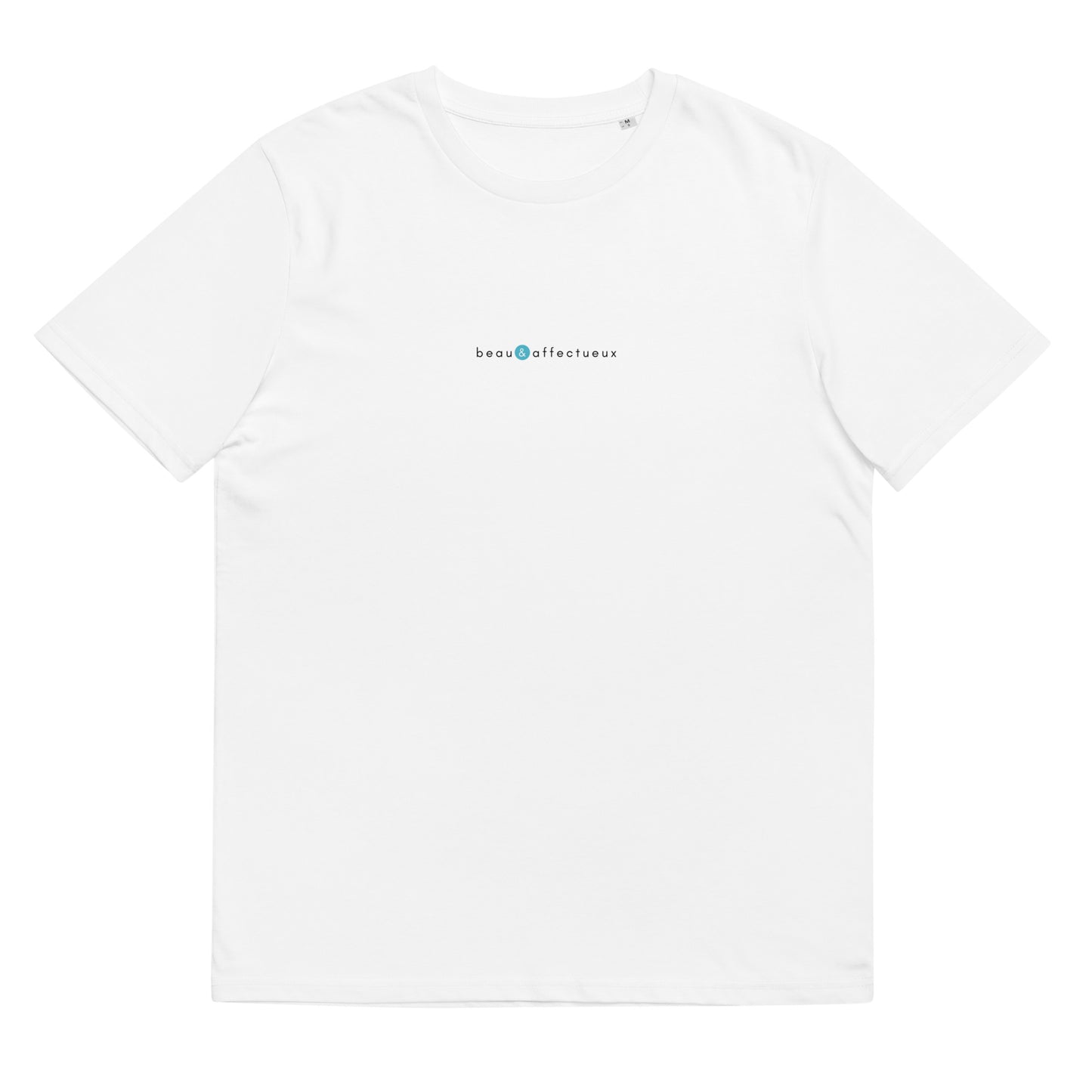 t-shirt blanc en coton biologique, logo bleu, beau et affectueux de la marque belle et beau