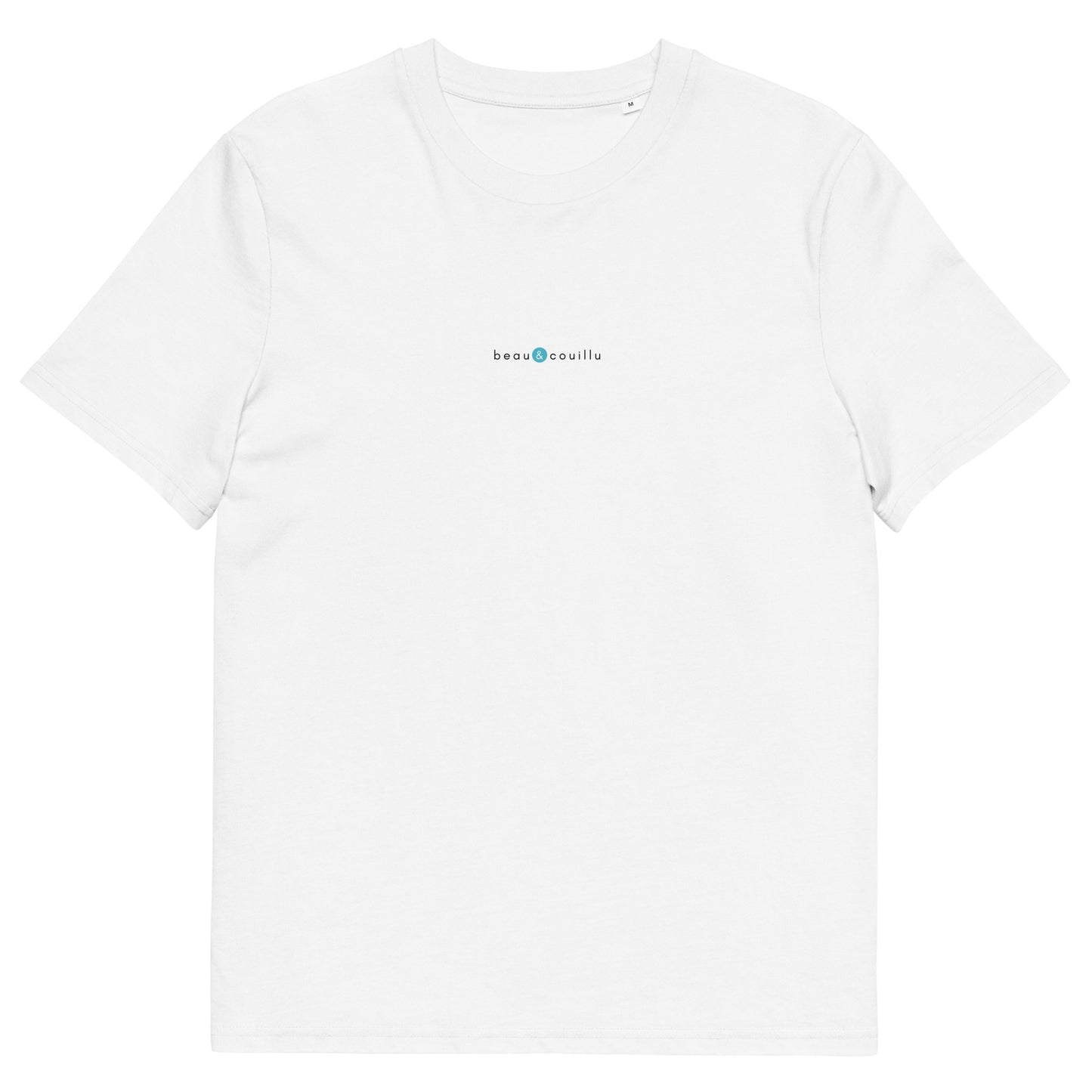 T-shirt blanc en coton biologique, logo bleu, beau et couillu de la marque belle et beau