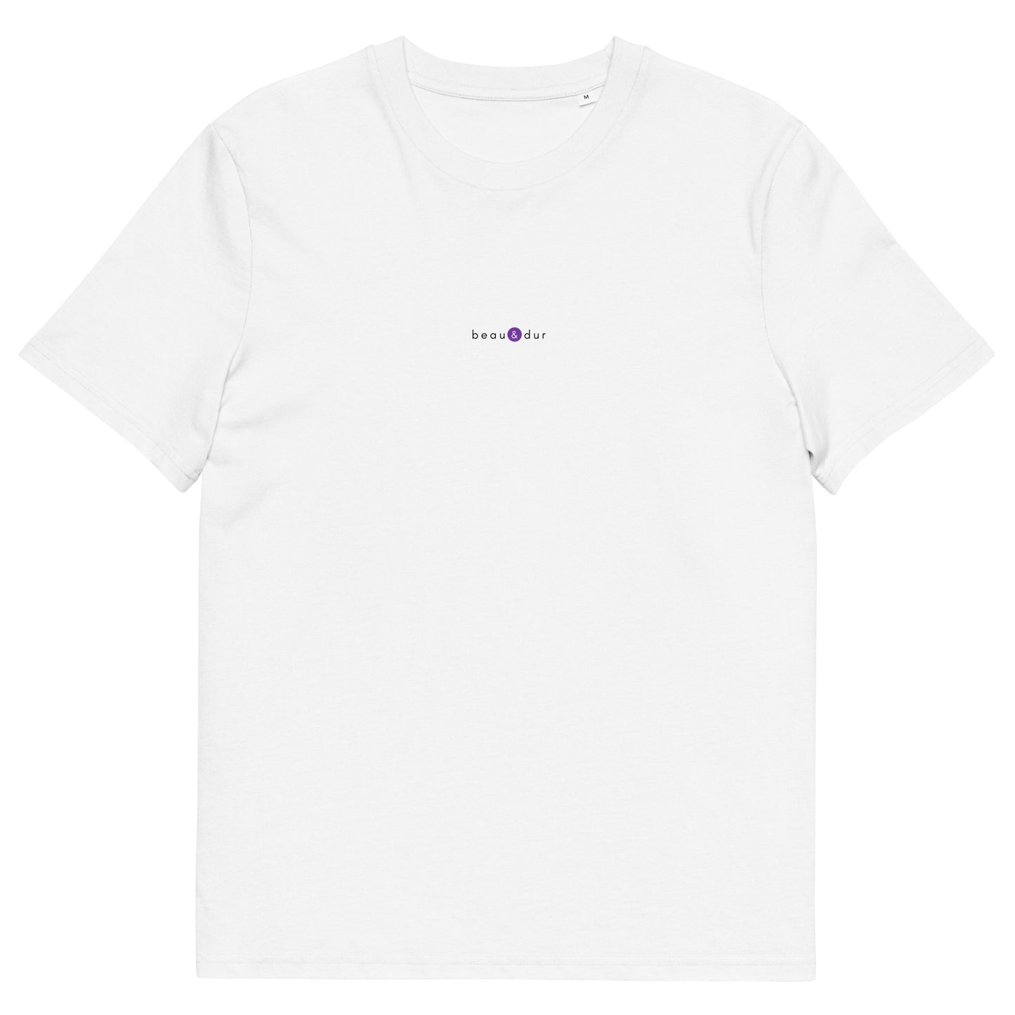 T-shirt blanc décalé et original, logo violet, beau et dur de la marque belle et beau