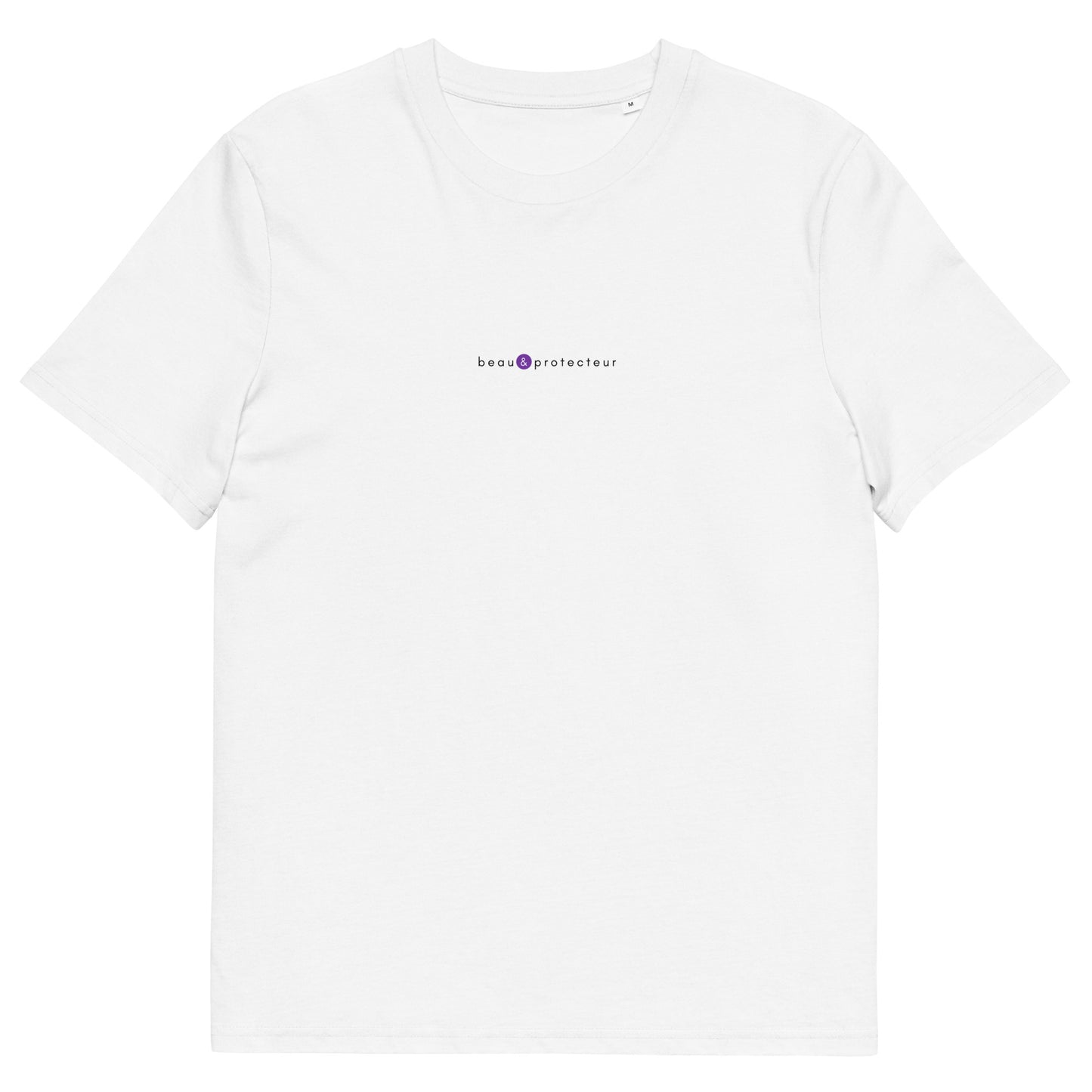 T-shirt blanc décalé et original, logo violet, beau et protecteur de la marque belle et beau