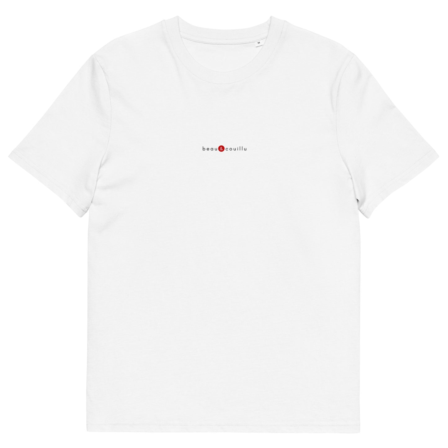 T-shirt blanc écoresponsable, logo rouge, beau et couillu de la marque belle et beau