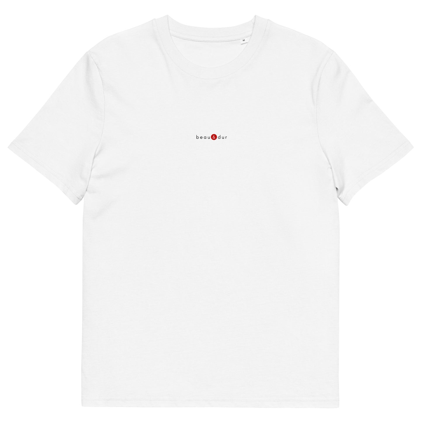 T-shirt blanc écoresponsable, logo rouge, beau et dur de la marque belle et beau