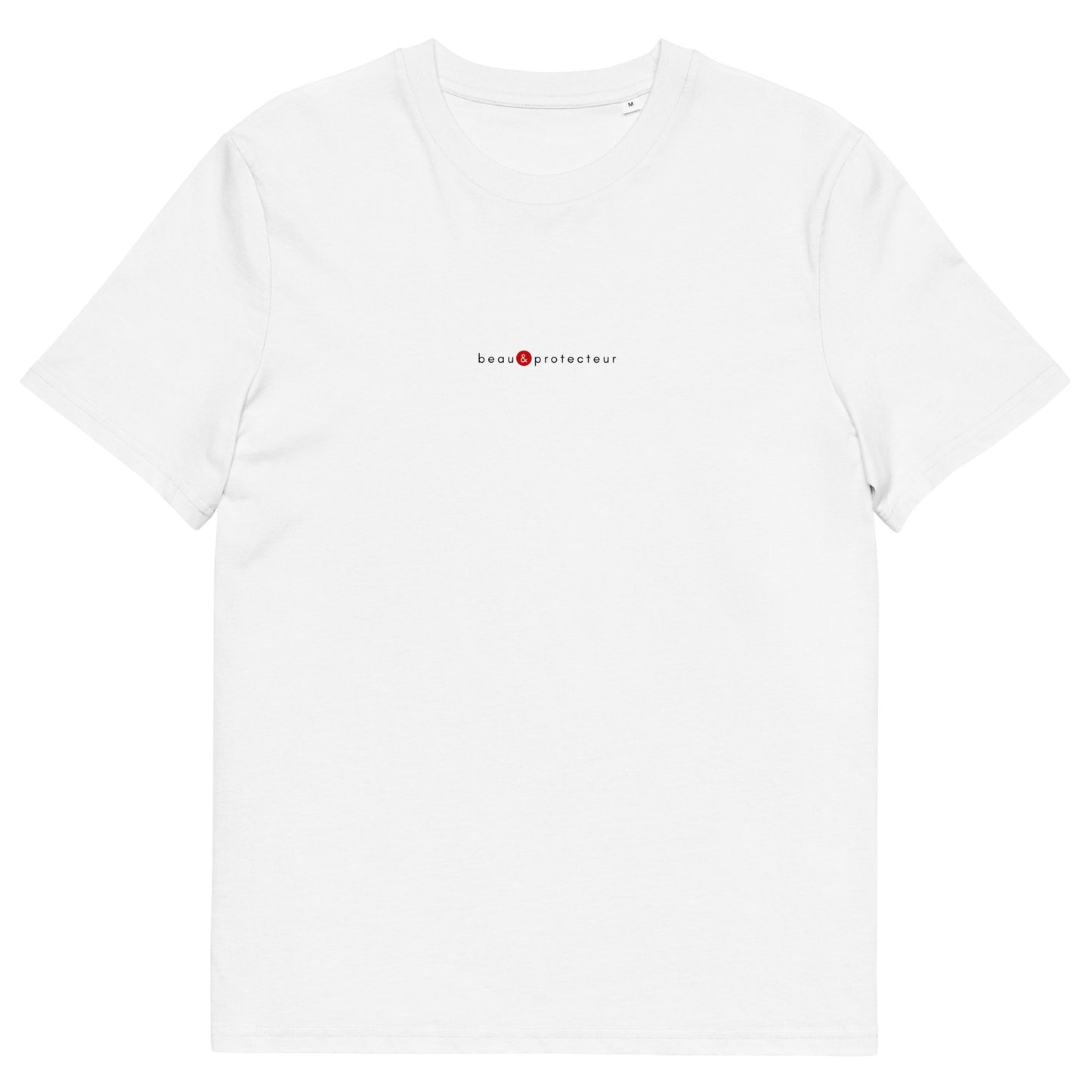 T-shirt blanc écoresponsable, logo rouge, beau et protecteur de la marque belle et beau