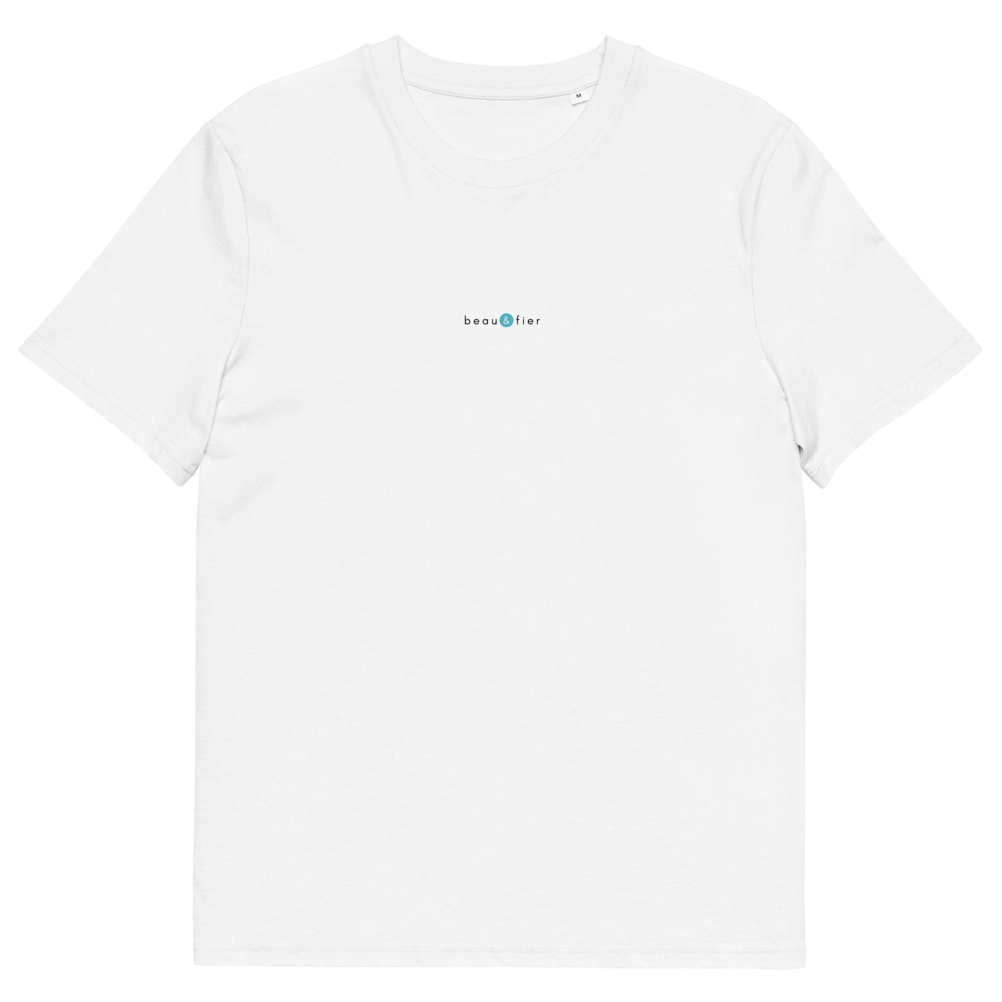 T-shirt blanc femme et homme stylé, logo bleu, beau et fier de la marque belle et beau