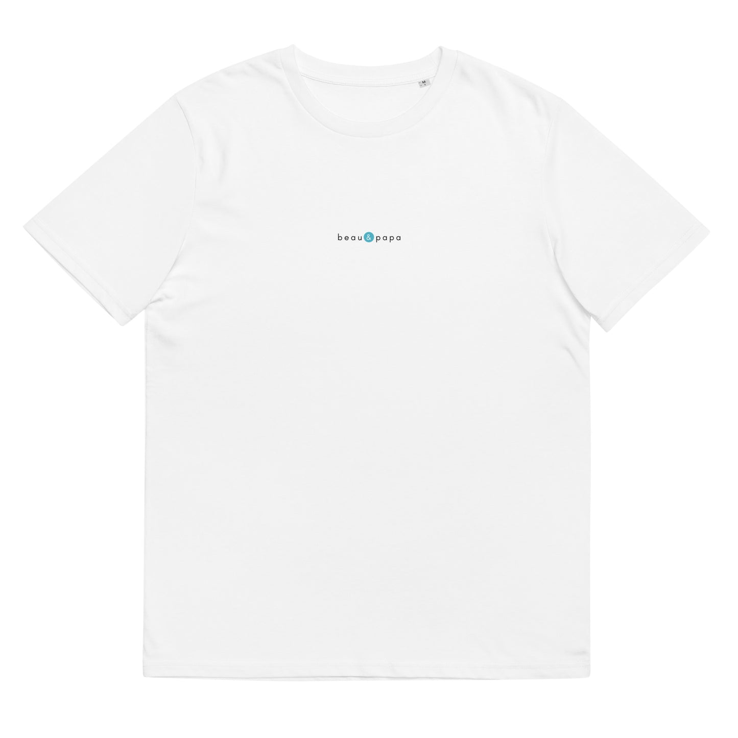 T-shirt blanc femme et homme stylé, logo bleu, beau et papa de la marque belle et beau