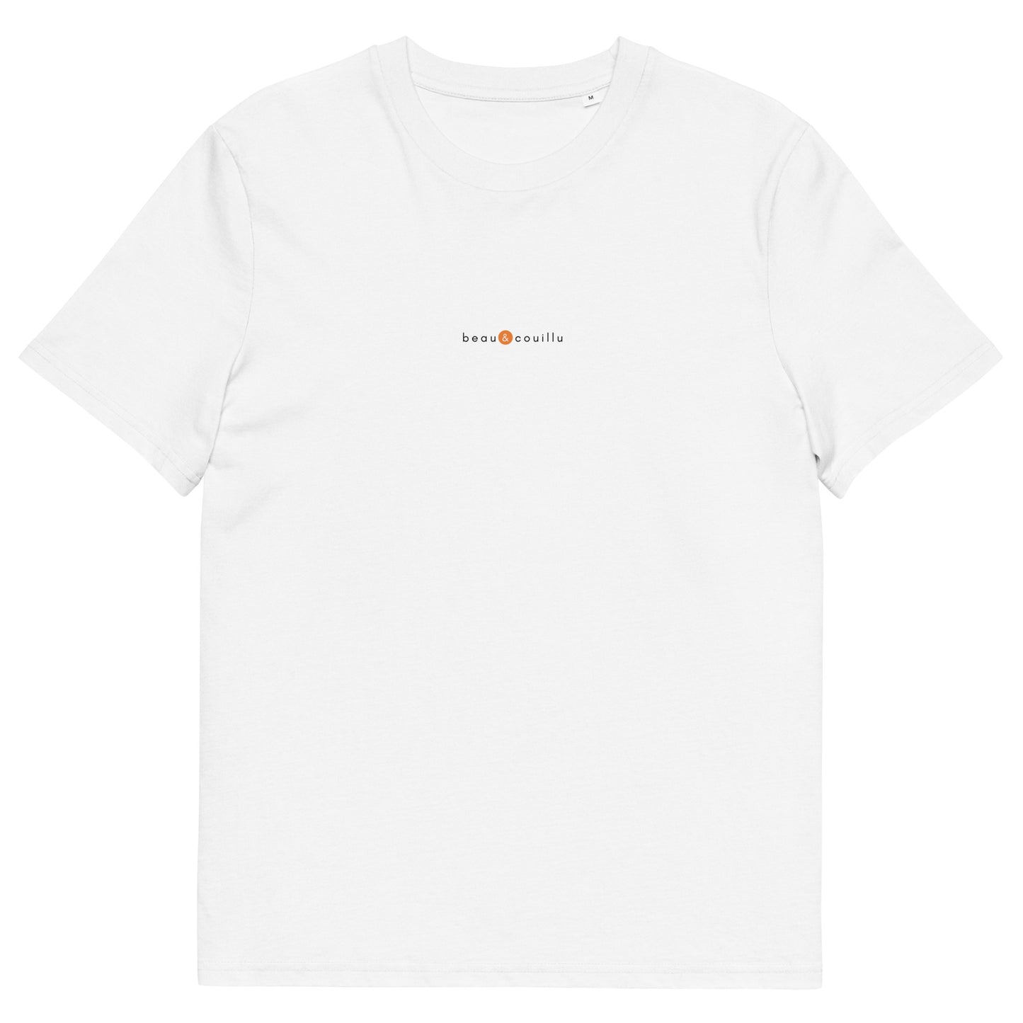 T-shirt blanc humour drôle positif, logo orange, beau et couillu de la marque belle et beau