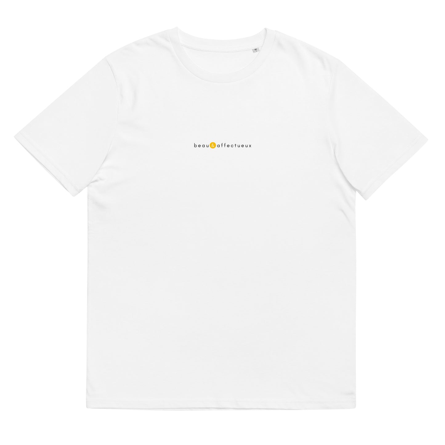 T-shirt blanc marque française, logo jaune, beau et affectueux de la marque belle et beau
