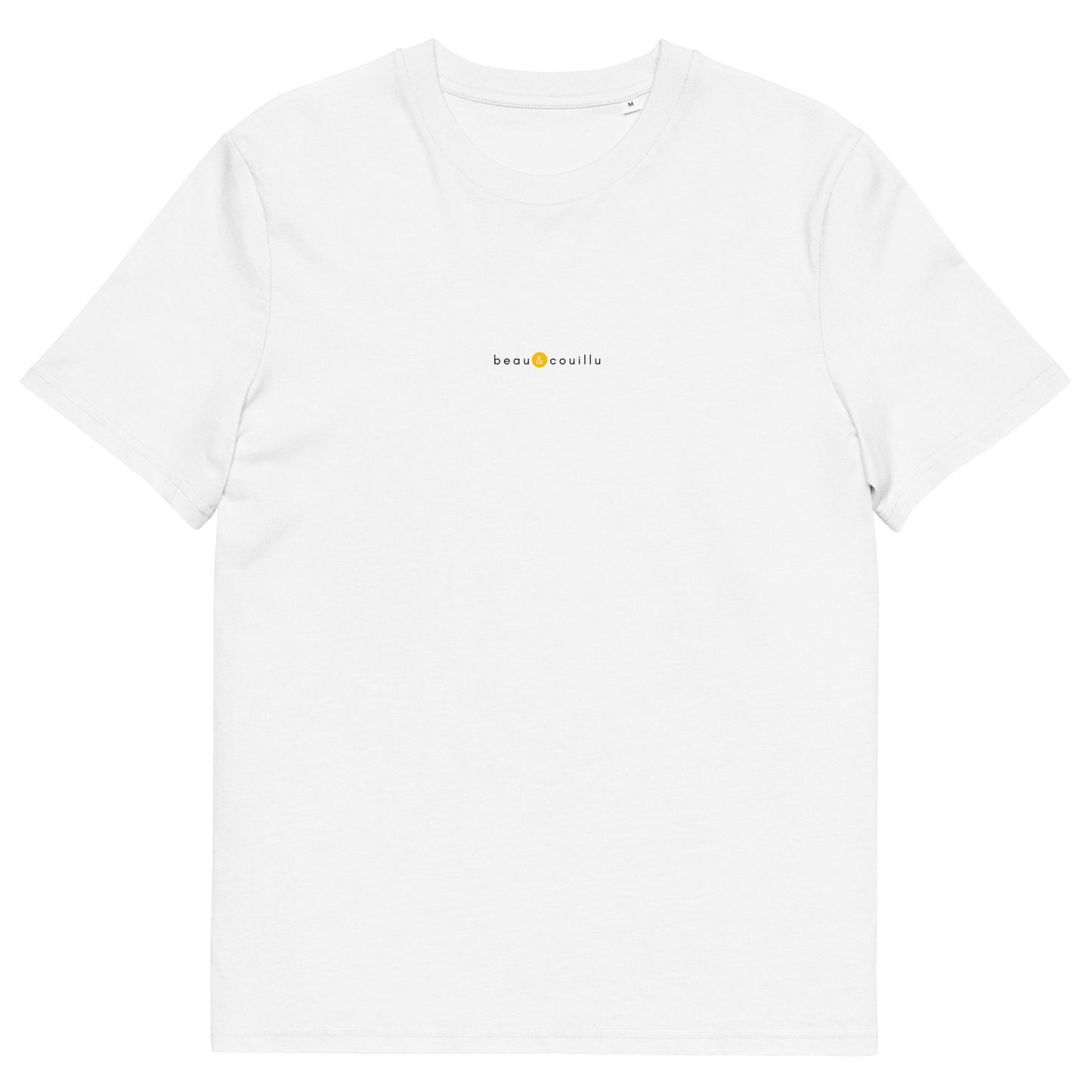 T-shirt blanc marque française, logo jaune, beau et couillu de la marque belle et beau