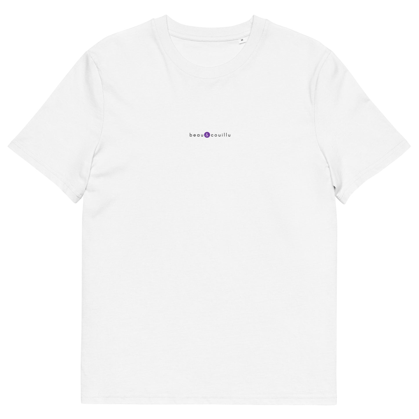 T-shirt blanc original et unique, logo violet, beau et couillu de la marque belle et beau