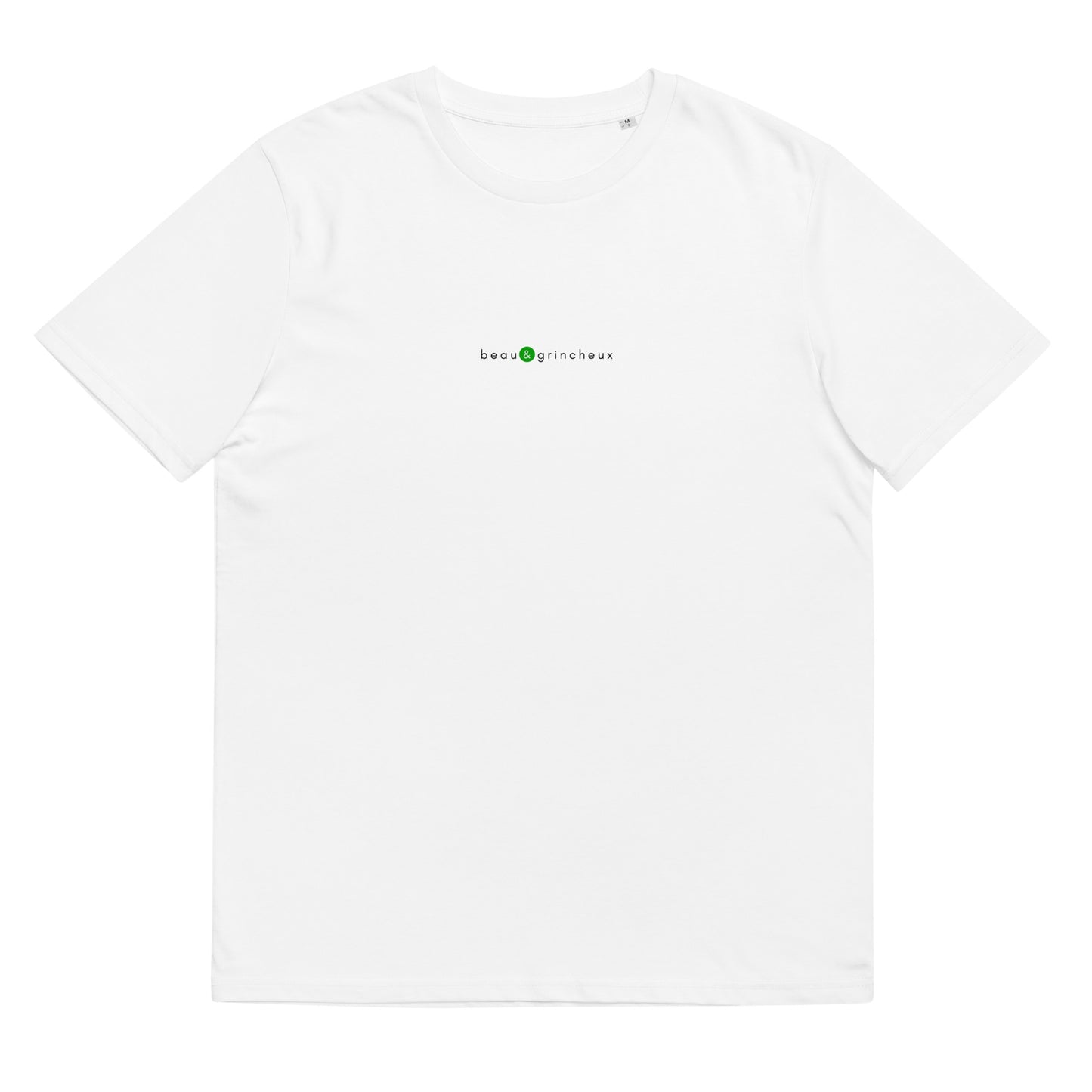 T-shirt blanc personnalisé, logo vert, beau et grincheux de la marque belle et beau