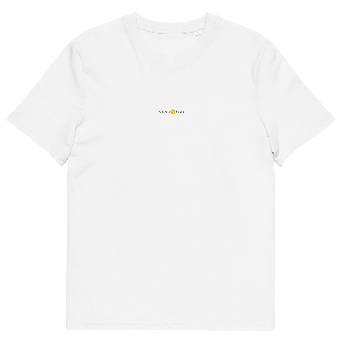 T-shirt blanc tendance, logo jaune, beau et fier de la marque belle et beau