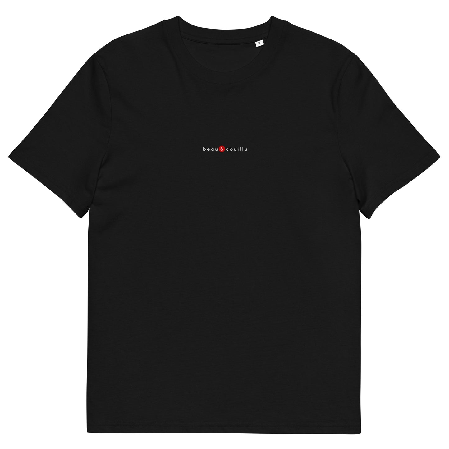T-shirt noir écoresponsable, logo rouge, beau et couillu de la marque belle et beau