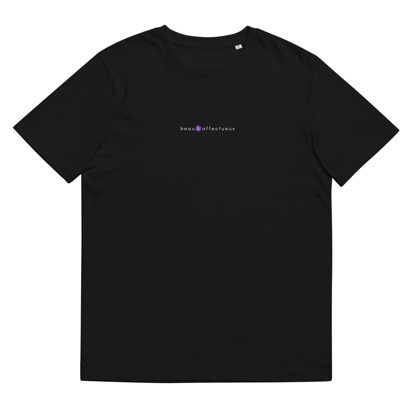 t-shirt noir écoresponsable, logo violet, beau et affectueux de la marque belle et beau