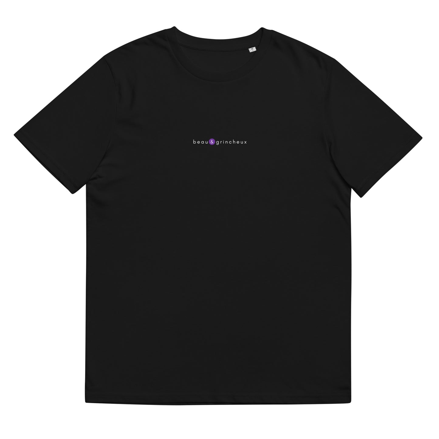 T-shirt noir décalé et original, logo violet, beau et grincheux de la marque belle et beau