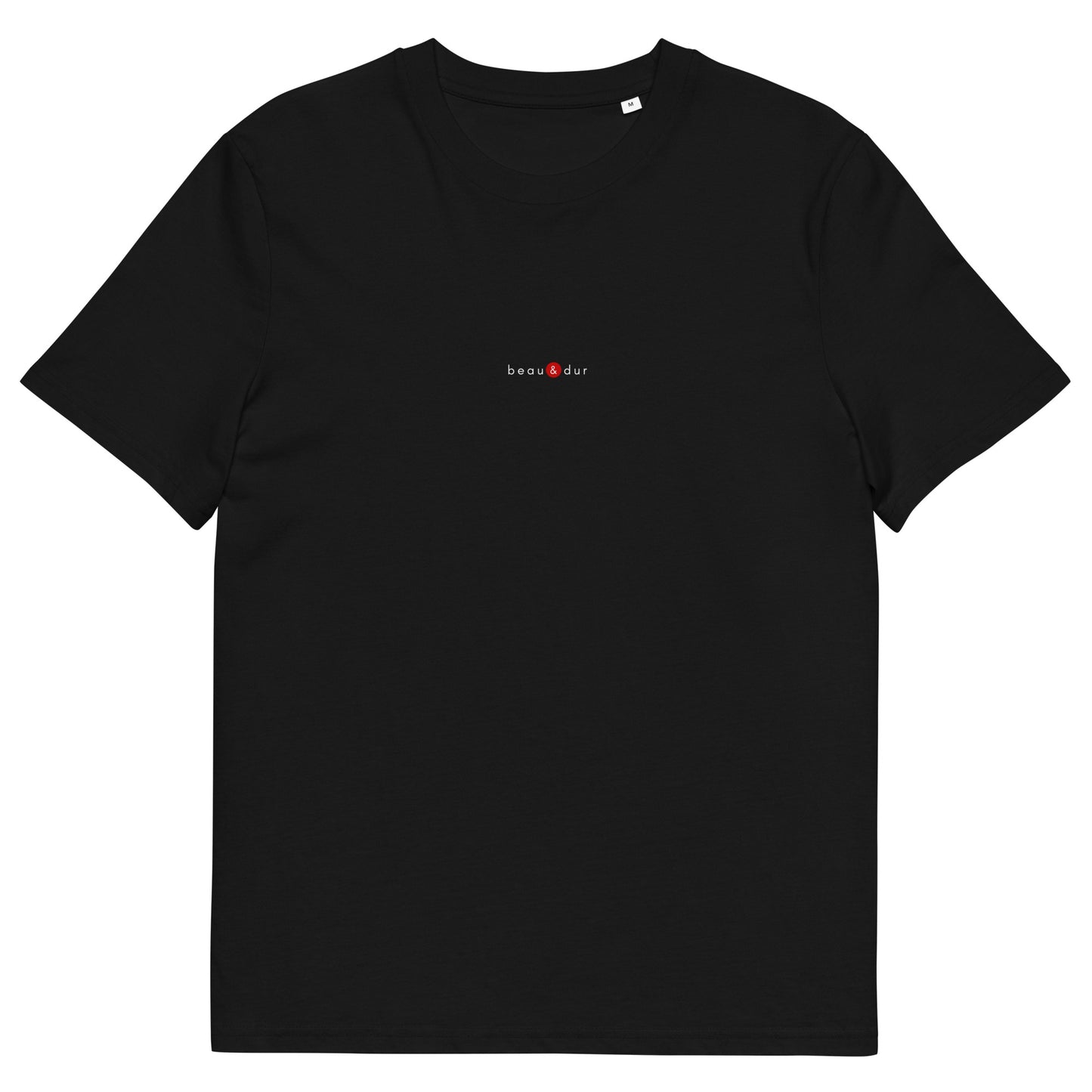 T-shirt noir écoresponsable, logo rouge, beau et dur de la marque belle et beau