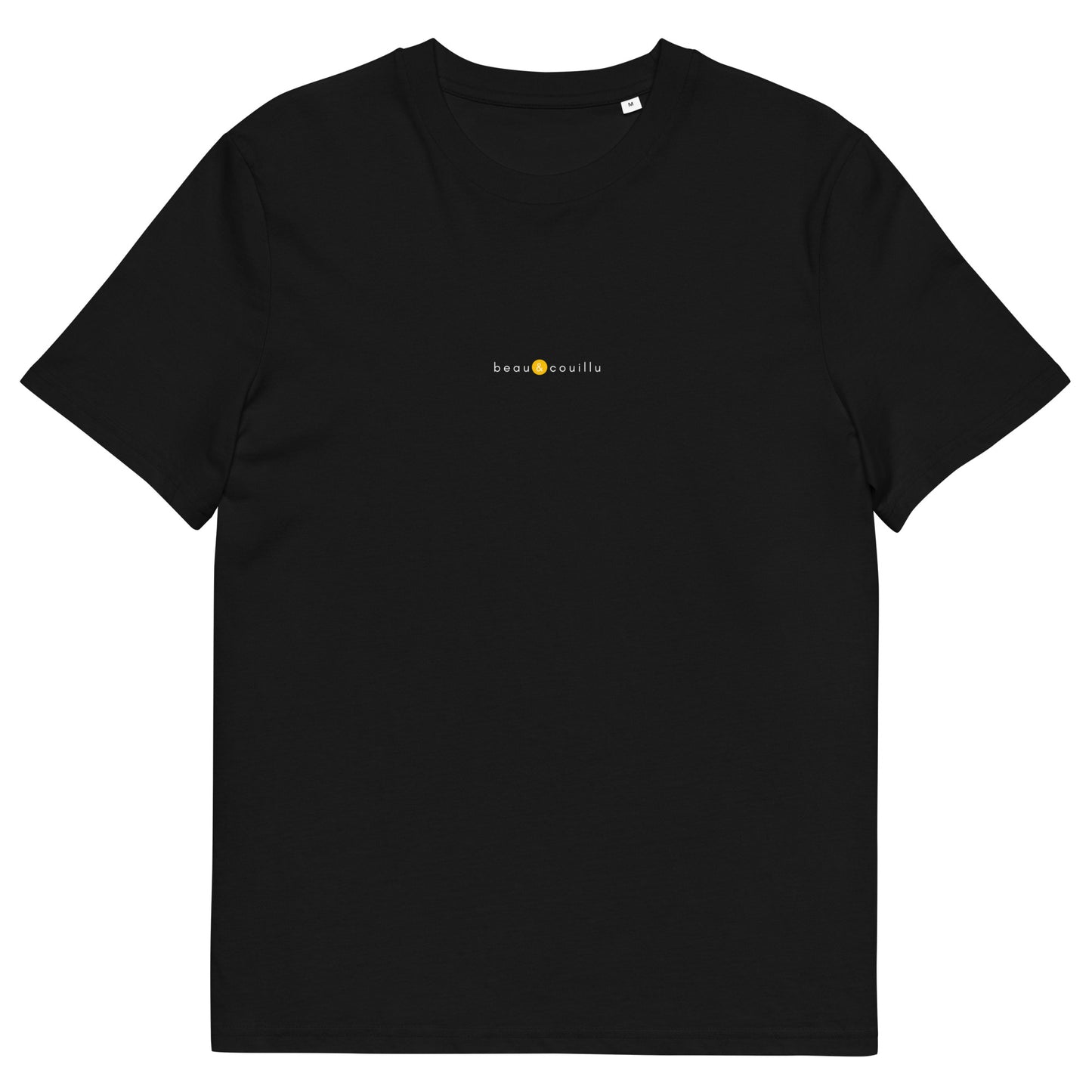 T-shirt noir marque française, logo jaune, beau et couillu de la marque belle et beau