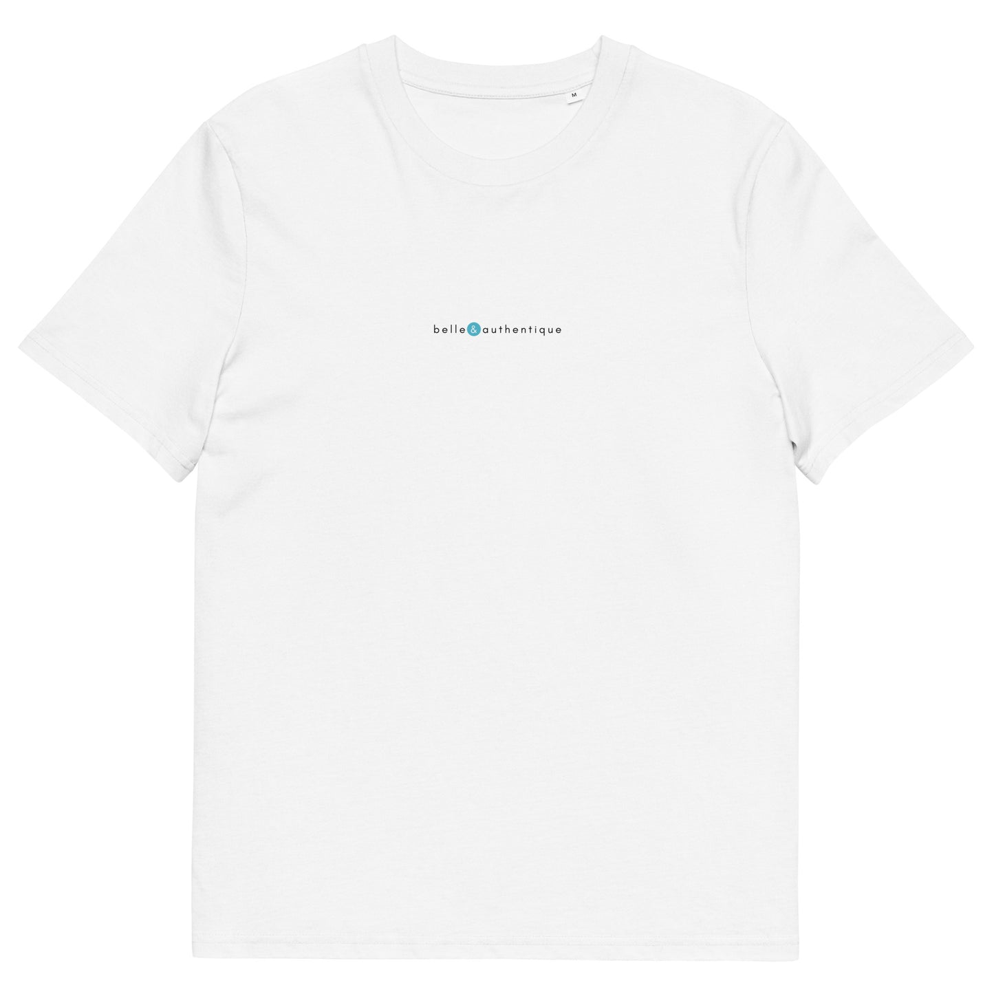 T-shirt blanc en coton biologique, logo bleu, belle et authentique de la marque belle et beau