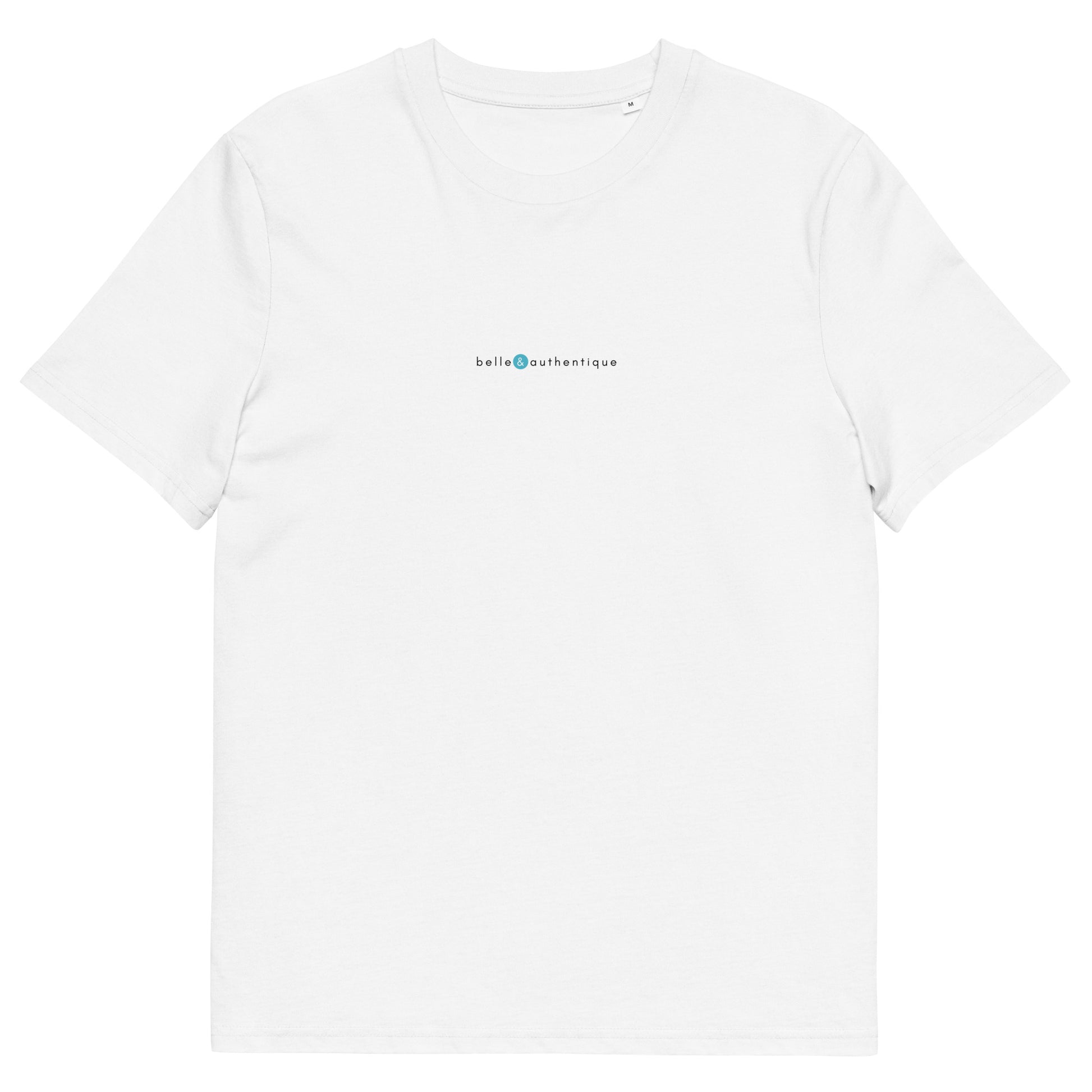 T-shirt blanc en coton biologique, logo bleu, belle et authentique de la marque belle et beau