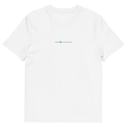T-shirt blanc en coton biologique, logo bleu, belle et authentique de la marque belle et beau