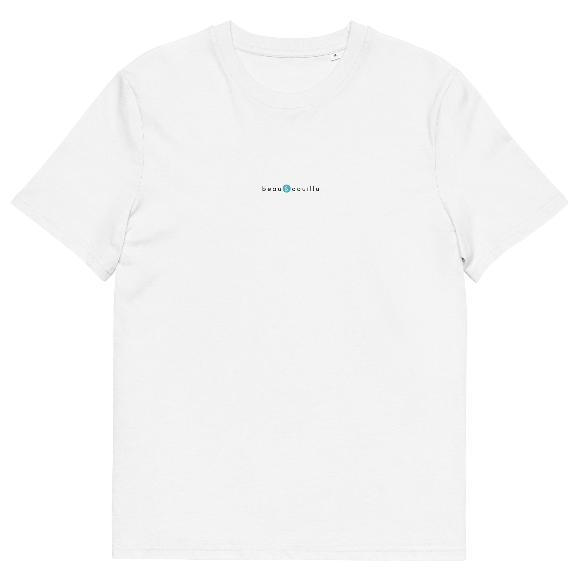 T-shirt blanc en coton biologique, logo bleu, beau et couillu de la marque belle et beau