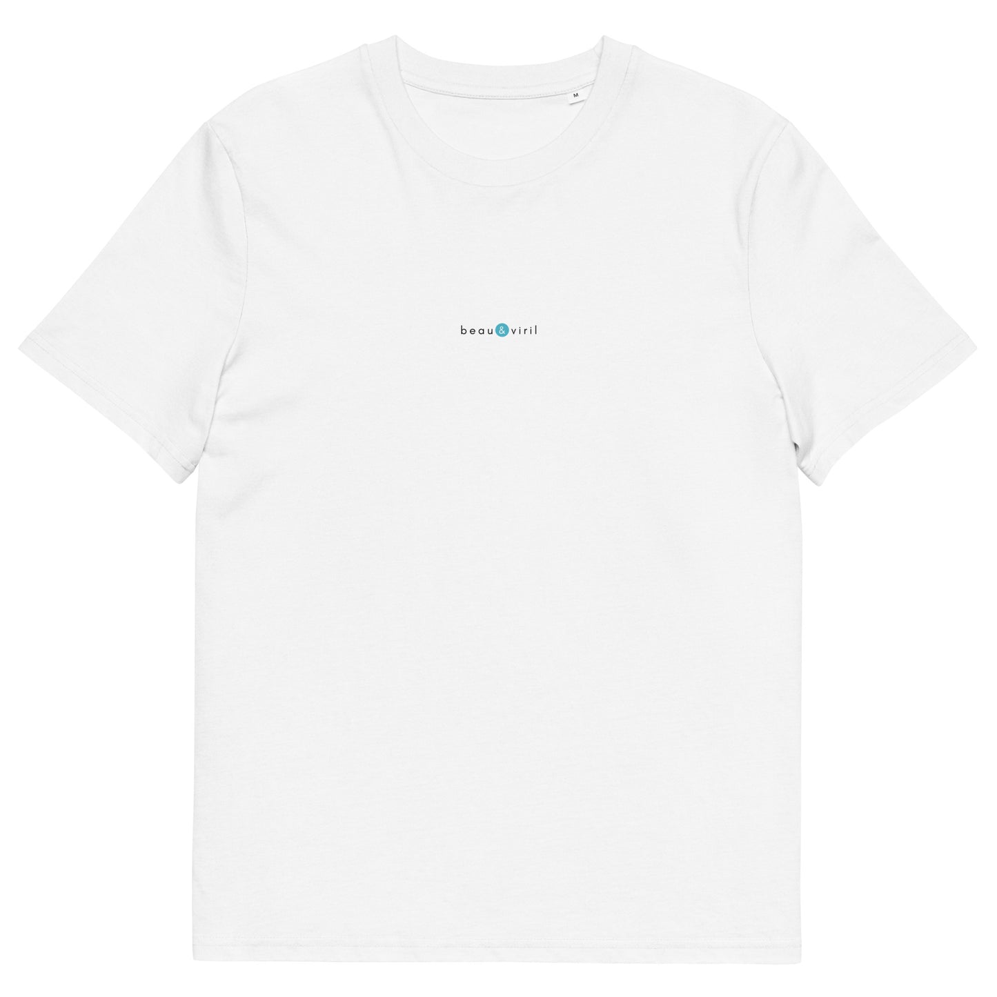 T-shirt blanc en coton biologique, logo bleu, beau et viril de la marque belle et beau