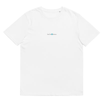 T-shirt blanc en coton biologique, logo bleu, belle et beau de la marque belle et beau