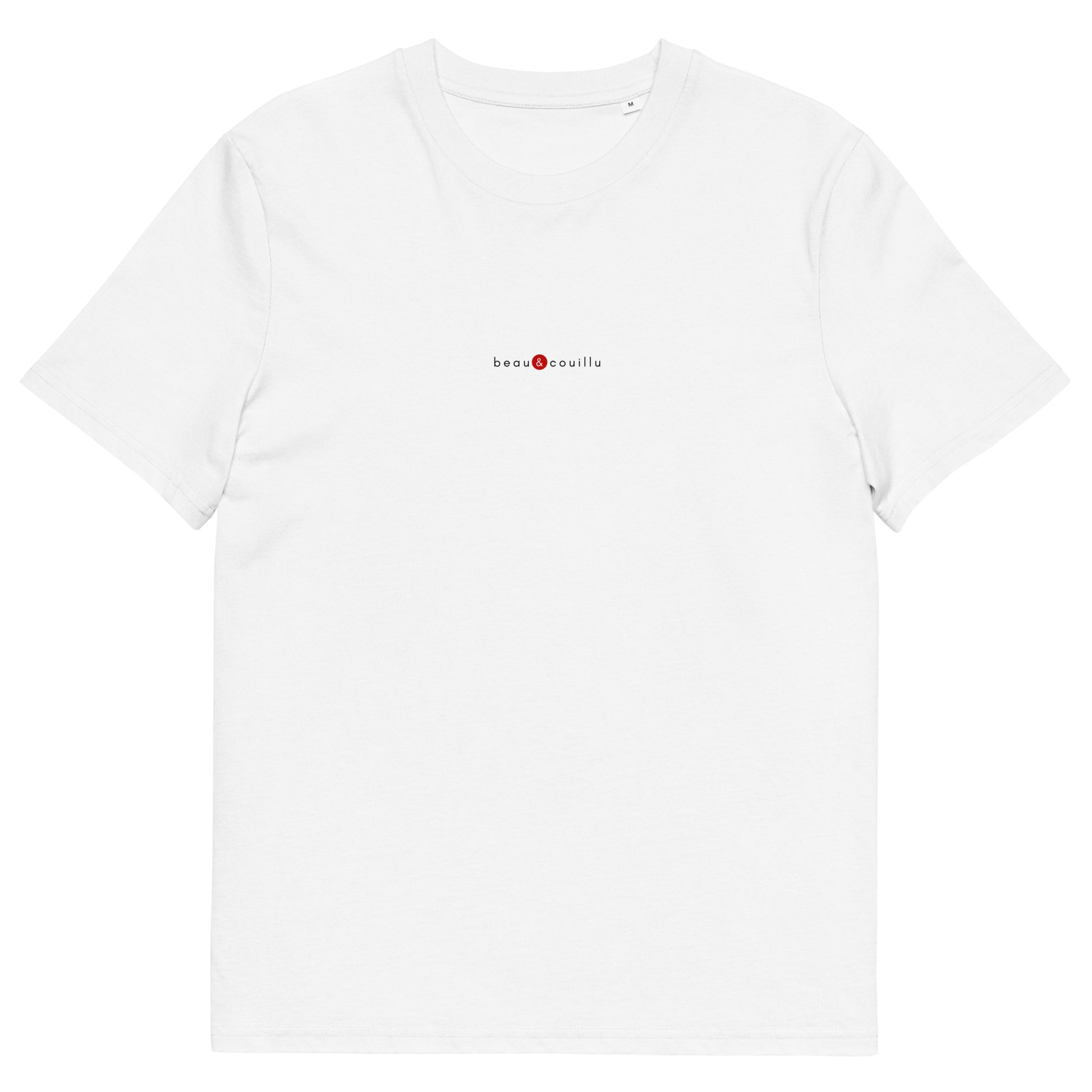 T-shirt blanc écoresponsable, logo rouge, beau et couillu de la marque belle et beau