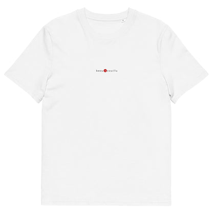 T-shirt blanc écoresponsable, logo rouge, beau et couillu de la marque belle et beau