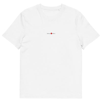 T-shirt blanc écoresponsable, logo rouge, beau et têtu de la marque belle et beau