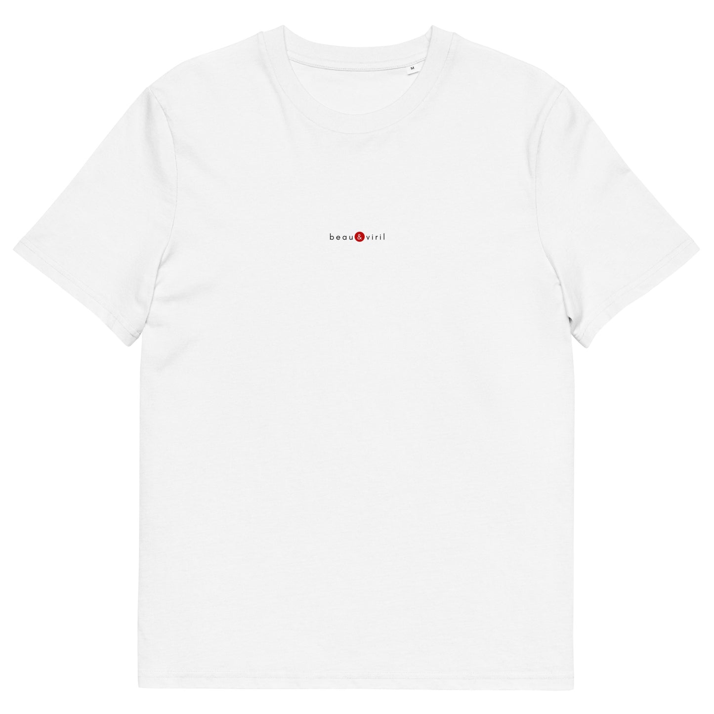 T-shirt blanc écoresponsable, logo rouge, beau et viril de la marque belle et beau