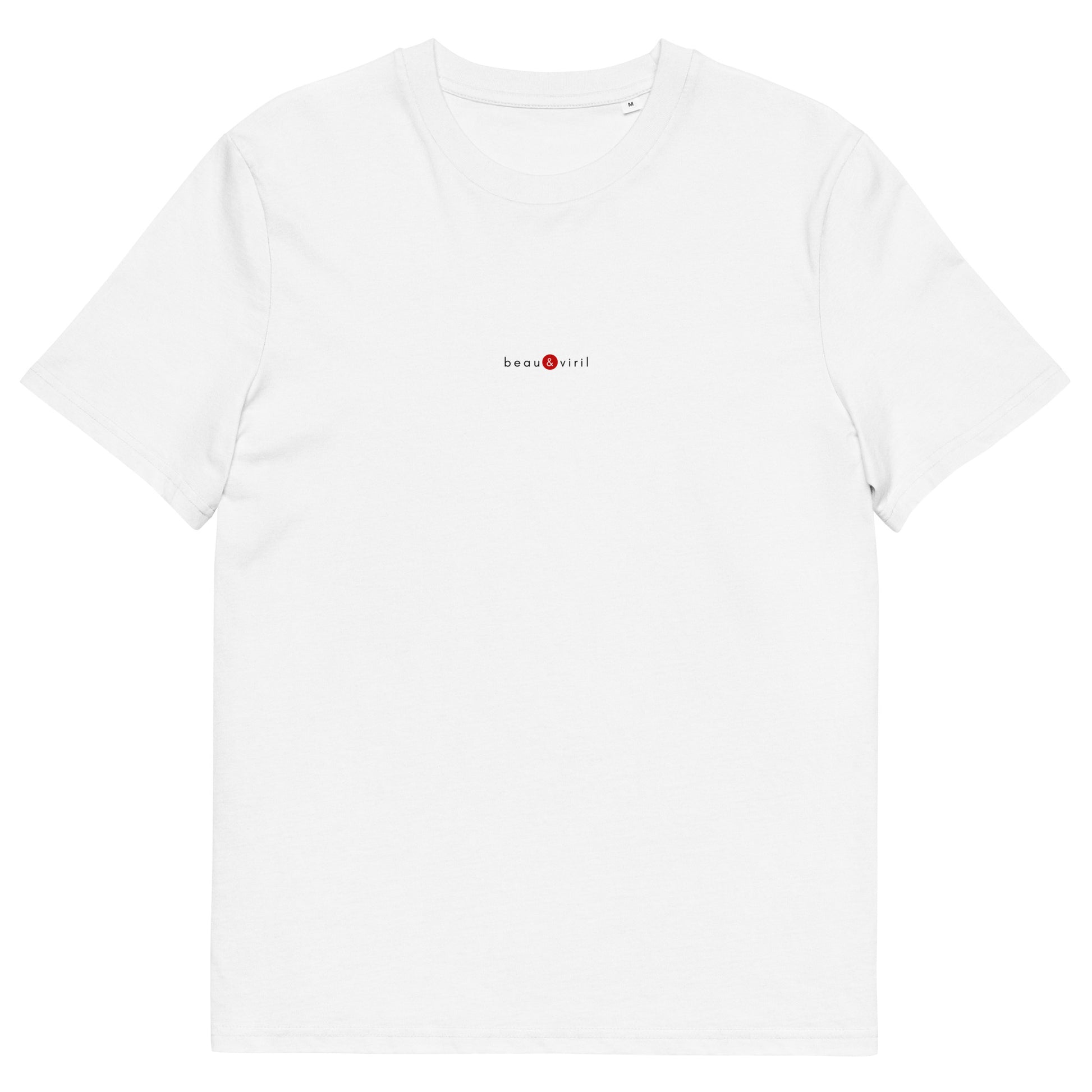 T-shirt blanc écoresponsable, logo rouge, beau et viril de la marque belle et beau