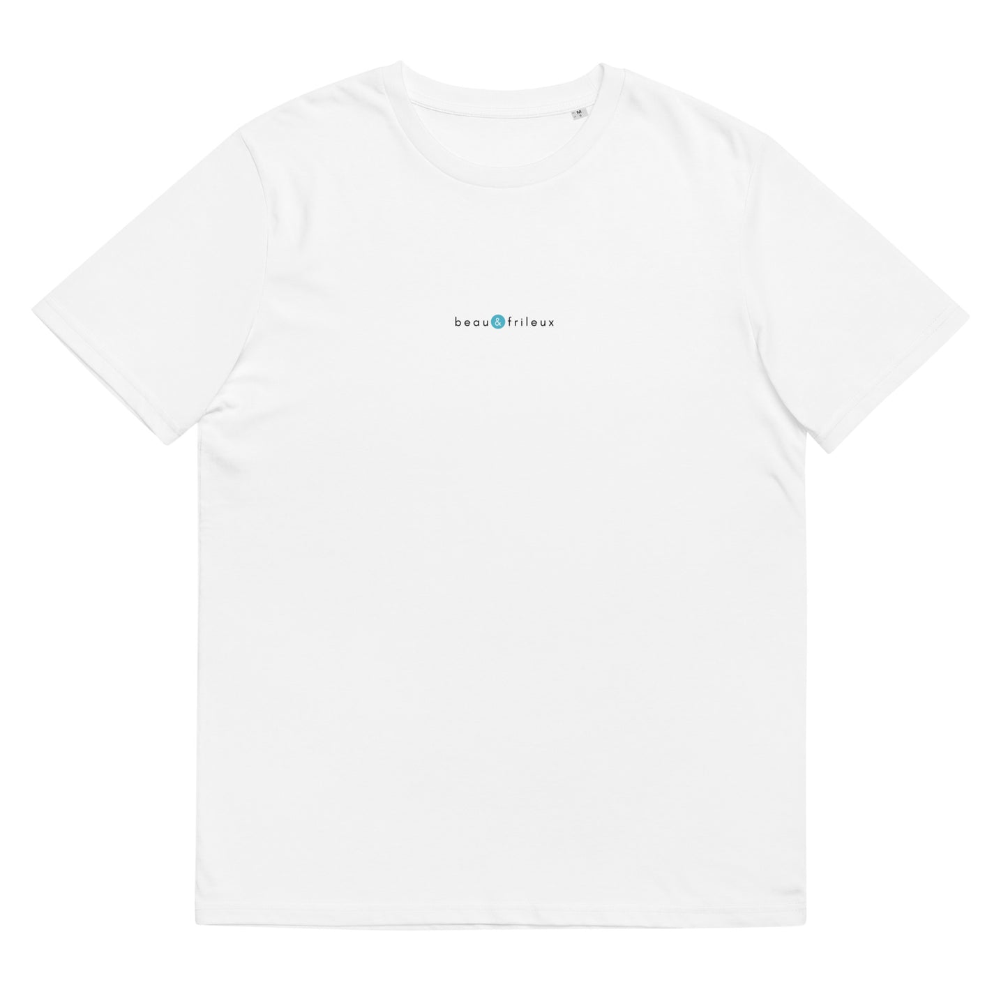 T-shirt blanc femme et homme stylé, logo bleu, beau et frileux de la marque belle et beau