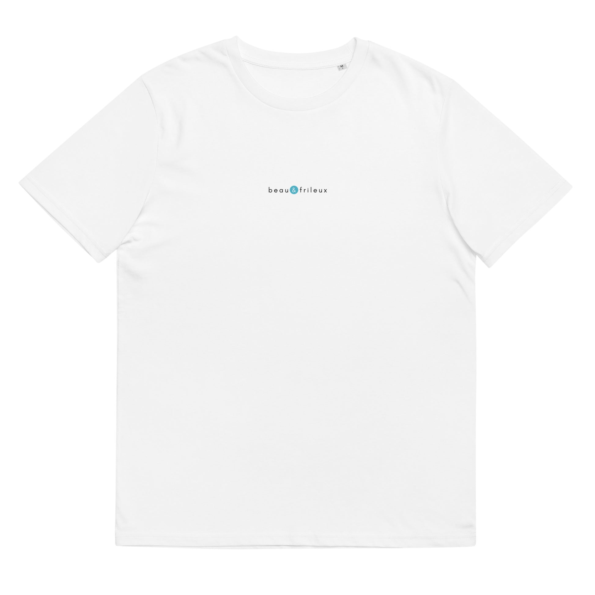 T-shirt blanc femme et homme stylé, logo bleu, beau et frileux de la marque belle et beau