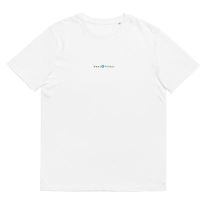 T-shirt blanc femme et homme stylé, logo bleu, beau et frileux de la marque belle et beau