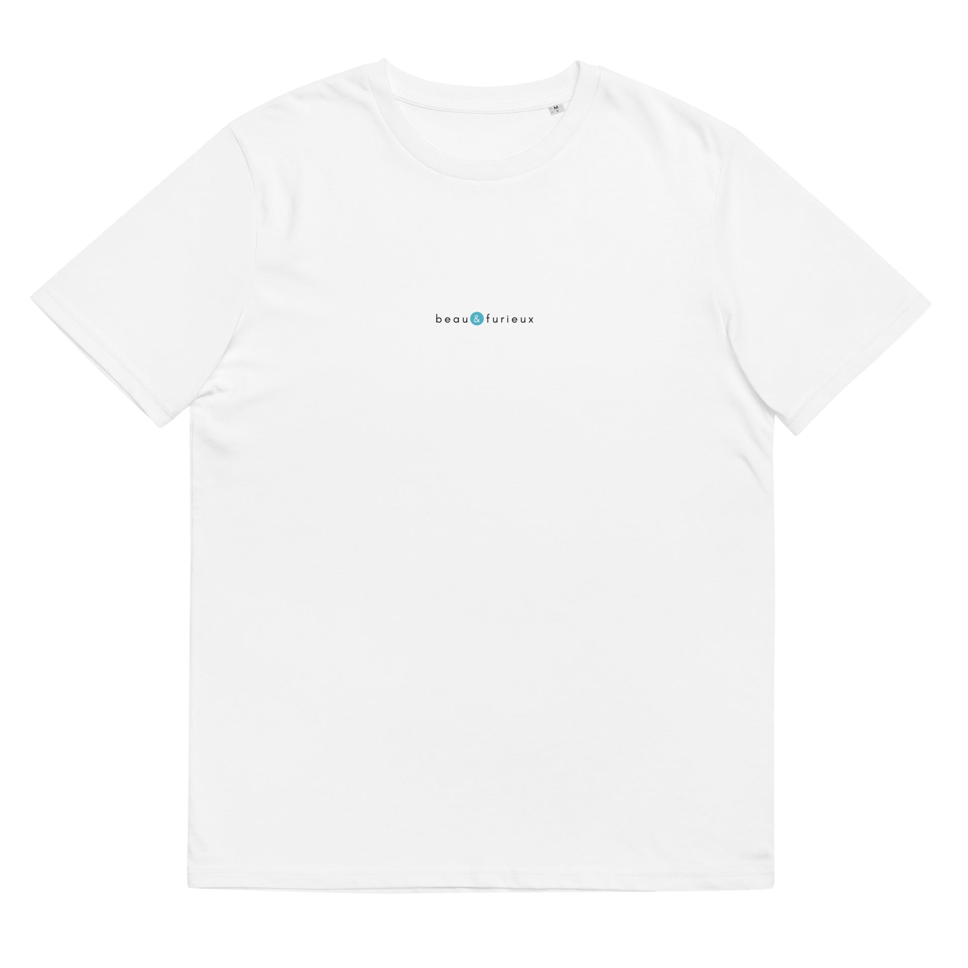 T-shirt blanc femme et homme stylé, logo bleu, beau et furieux de la marque belle et beau