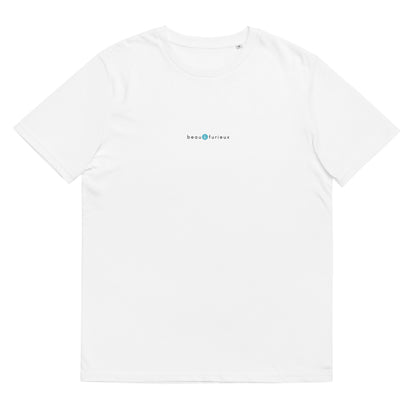 T-shirt blanc femme et homme stylé, logo bleu, beau et furieux de la marque belle et beau