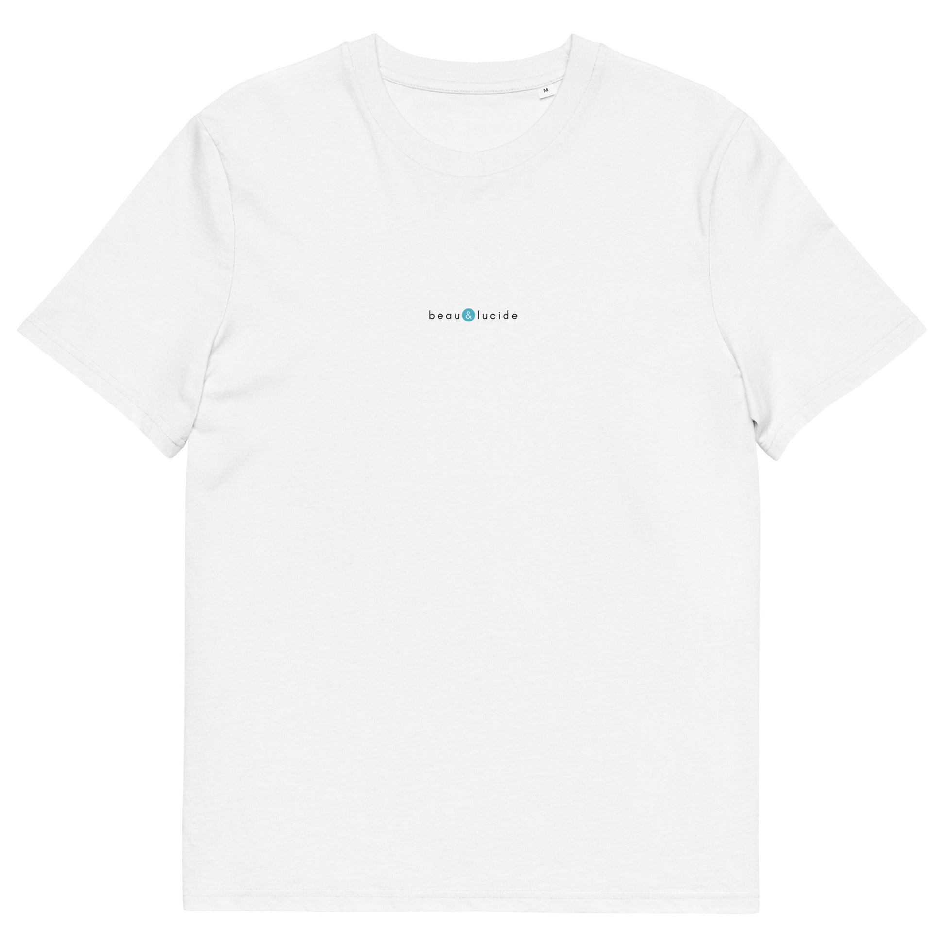 T-shirt blanc femme et homme stylé, logo bleu, beau et lucide de la marque belle et beau