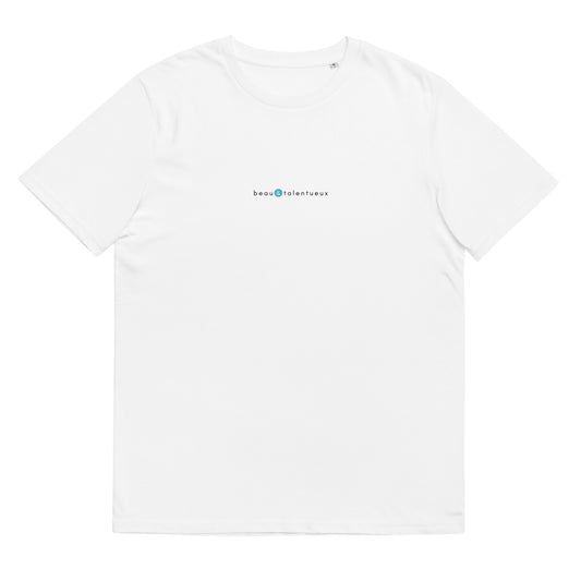 T-shirt blanc femme et homme stylé, logo bleu, beau et talentueux de la marque belle et beau