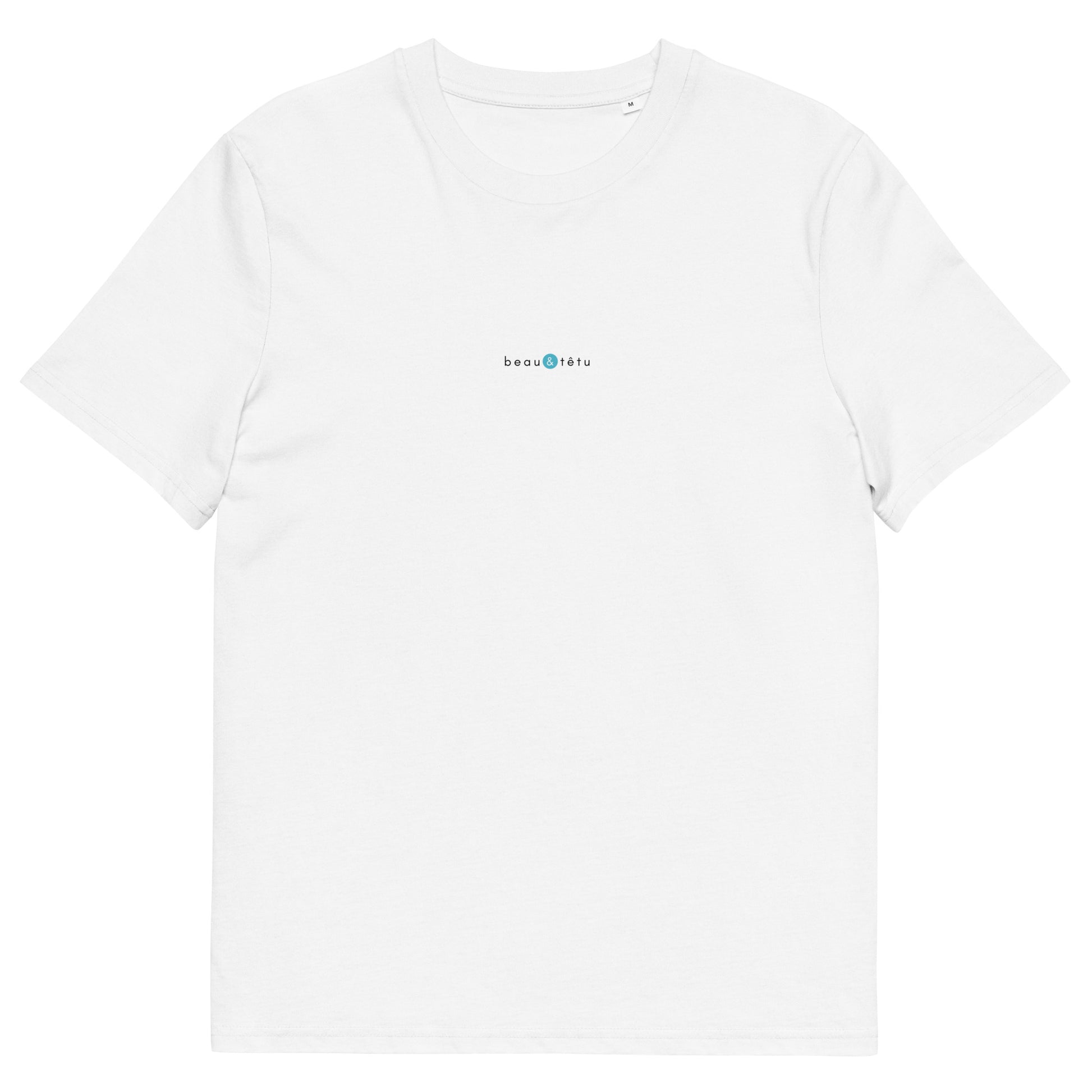 T-shirt blanc femme et homme stylé, logo bleu, beau et têtu de la marque belle et beau