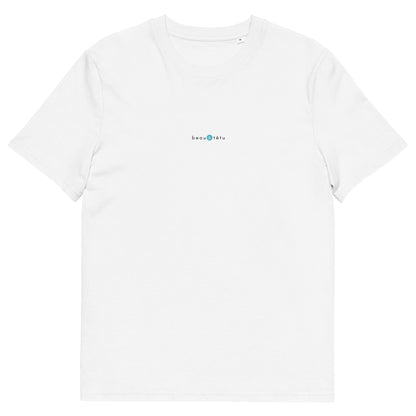 T-shirt blanc femme et homme stylé, logo bleu, beau et têtu de la marque belle et beau