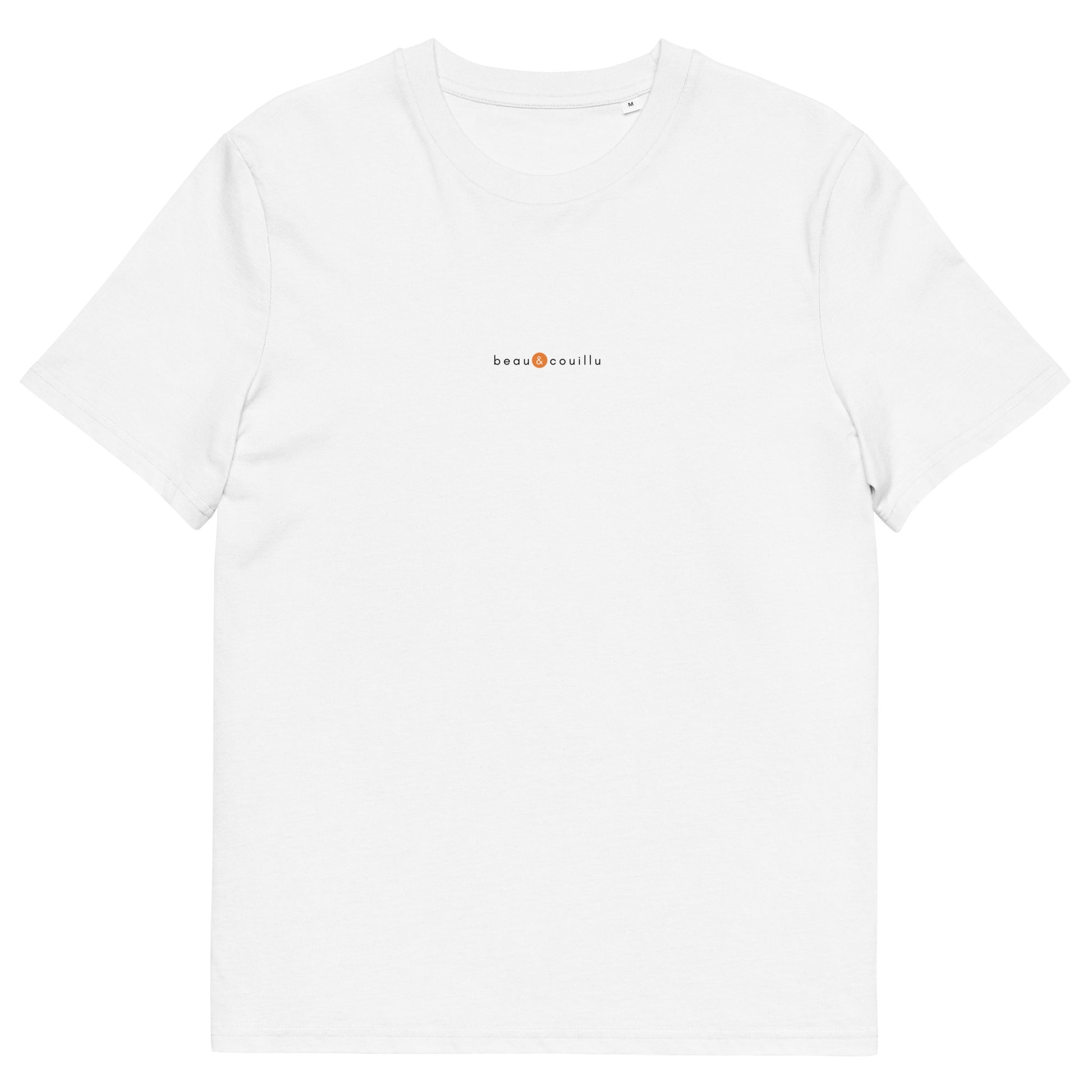 T-shirt blanc humour drôle positif, logo orange, beau et couillu de la marque belle et beau