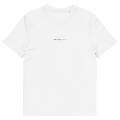 T-shirt blanc humour drôle positif, logo orange, beau et couillu de la marque belle et beau