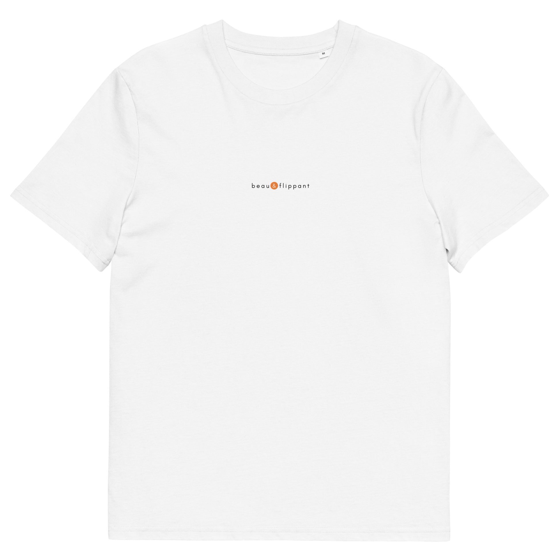 T-shirt blanc humour drôle positif, logo orange, beau et flippant de la marque belle et beau