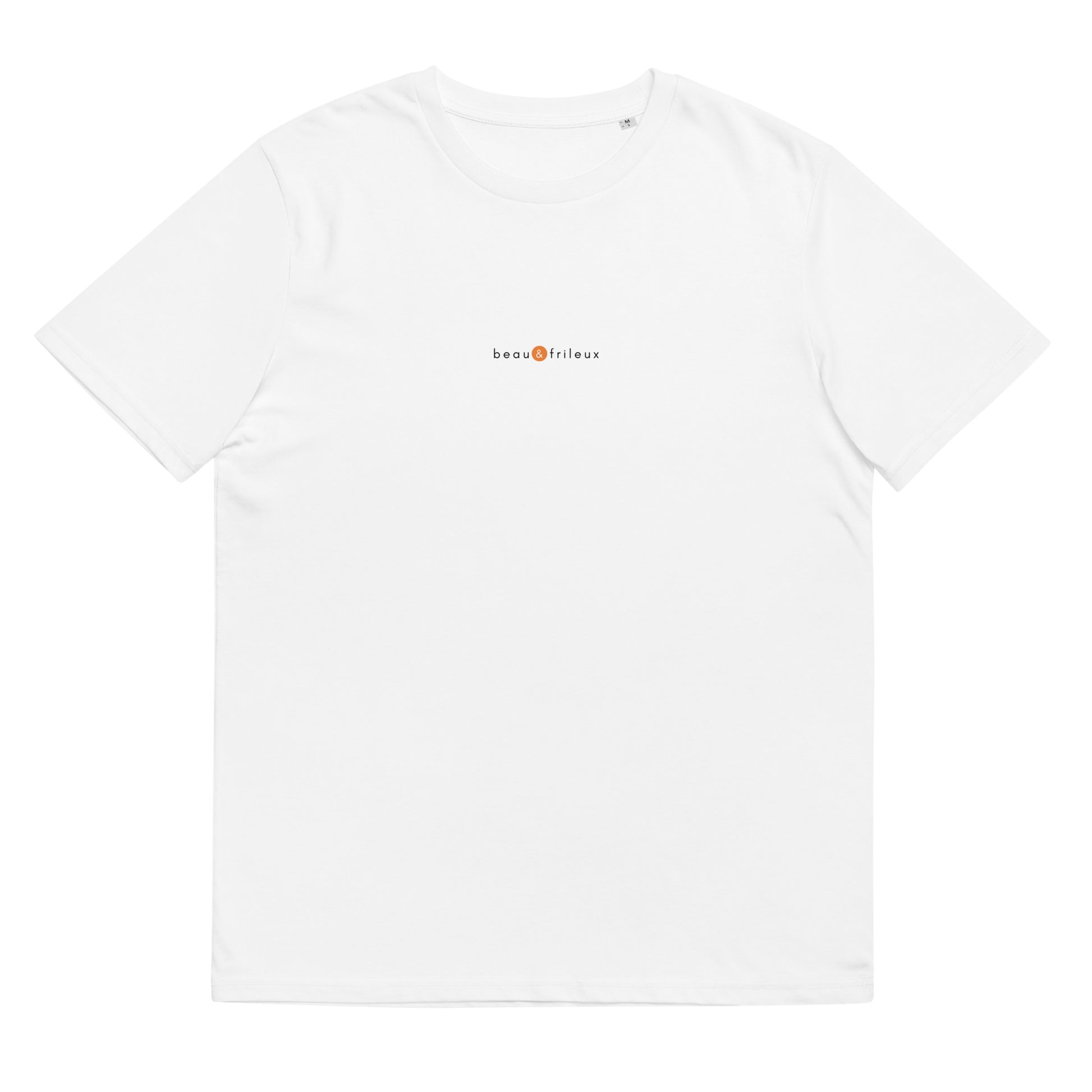 T-shirt blanc humour drôle positif, logo orange, beau et frileux de la marque belle et beau