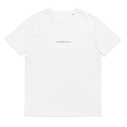 T-shirt blanc humour positif, logo orange, belle et scandaleux de la marque belle et beau