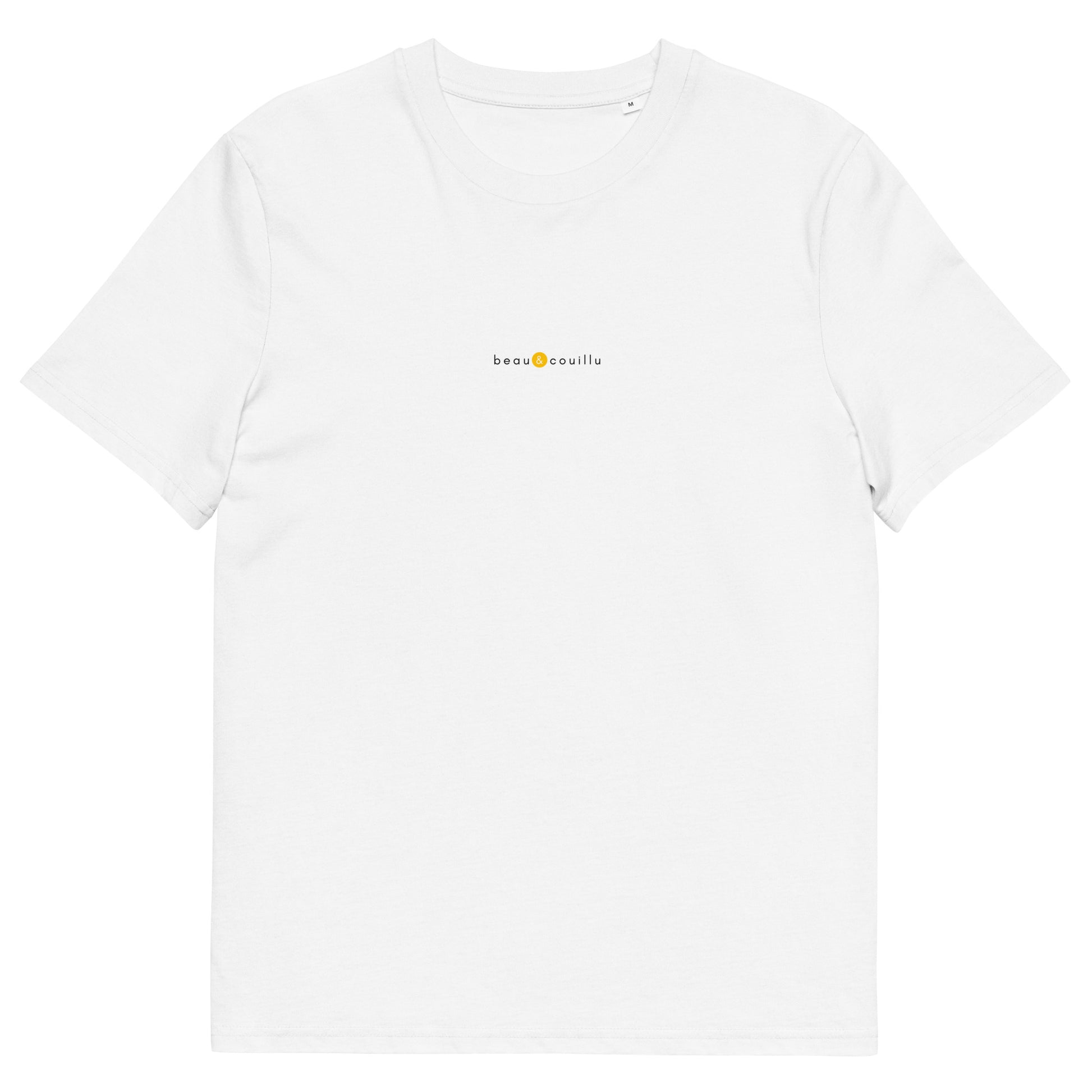 T-shirt blanc marque française, logo jaune, beau et couillu de la marque belle et beau