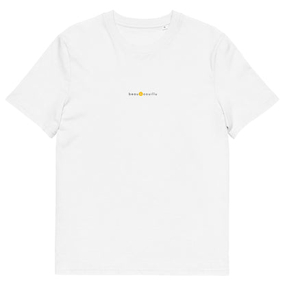 T-shirt blanc marque française, logo jaune, beau et couillu de la marque belle et beau