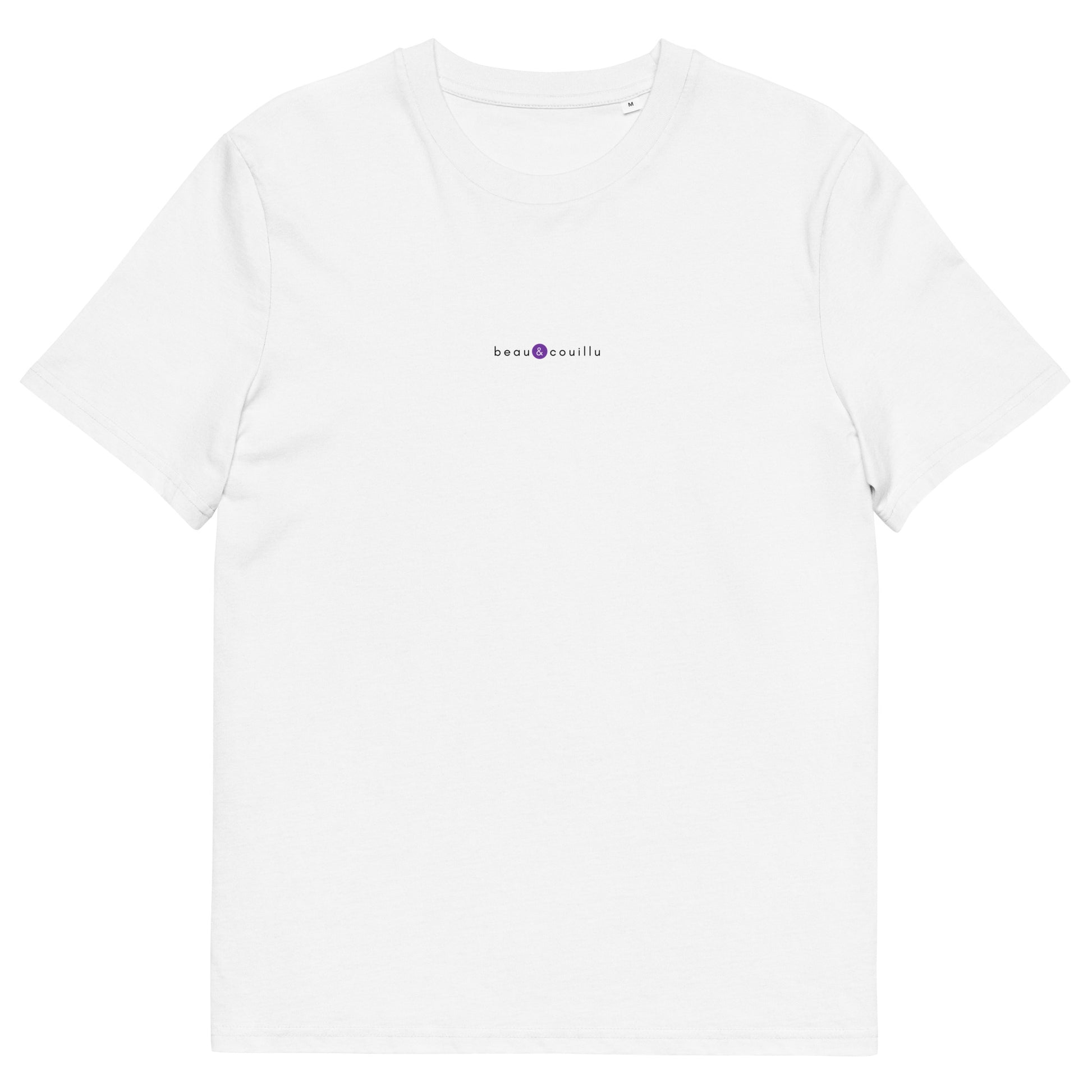 T-shirt blanc original et unique, logo violet, beau et couillu de la marque belle et beau