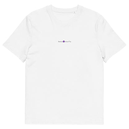 T-shirt blanc original et unique, logo violet, beau et couillu de la marque belle et beau